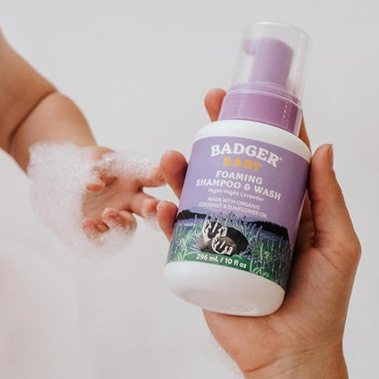 Badger Foaming Baby Shampoo and Body Wash, Gentle Organic Baby Wash w/Mild Calming Scent of Lavender, Long Lasting Foam & Easy to Use Sustainable Bottle, 10 fl oz, 2-Pack