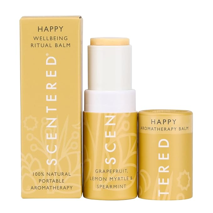 Scentered Aromatherapy Balm Stick - Happy - Mood Boost Roll On Essential Oils Blend for Positive Thinking - Grapefruit, Cedarwood, Lemon Myrtle Essential Oil - Self-Care Stocking Stuffers for Women