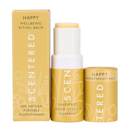 Scentered Aromatherapy Balm Stick - Happy - Mood Boost Roll On Essential Oils Blend for Positive Thinking - Grapefruit, Cedarwood, Lemon Myrtle Essential Oil - Self-Care Stocking Stuffers for Women