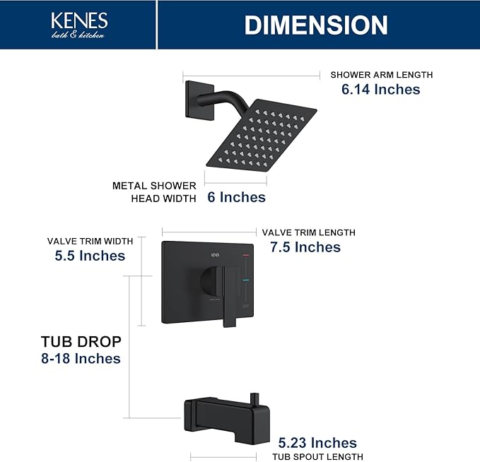 KENES Tub Shower Faucet Set Complete, Matte Black Tub and Shower Trim Kit with 6-Inch Rain Shower Head, Square Shower System, KE-6025A-2 (Shower Valve Included)