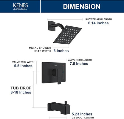 KENES Tub Shower Faucet Set Complete, Matte Black Tub and Shower Trim Kit with 6-Inch Rain Shower Head, Square Shower System, KE-6025A-2 (Shower Valve Included)