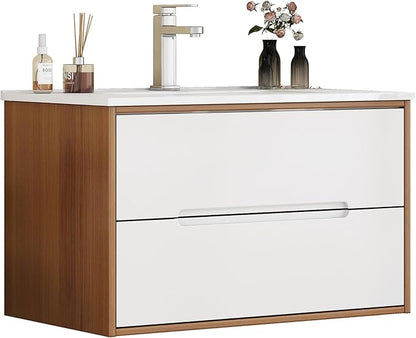 32" Wall Mounted Bathroom Vanity with Sink, Modern Floating Cabinet, Two-Tone Walnut & White Finish, 2 Soft Close Drawers, Handleless Design, Integrated Ceramic Top