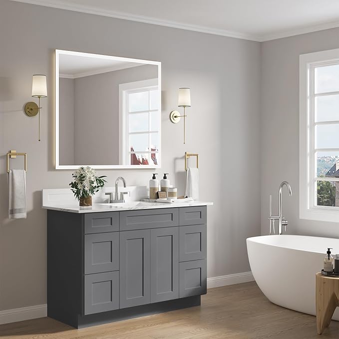 ROOMTEC Bathroom Cabinet, 48'' Free Standing Bathroom Vanity with 6 Drawers and 2 Doors,Soft-Close Drawer Slides Morden Bathroom Sink Vanity Storage Cabinet, Shaker Gray