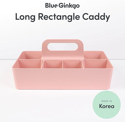 BLUE GINKGO Stackable Organizer Caddy – Korean-Made Portable Tote for Bathroom, Office, Crafts, or School Supplies (Long Rectangle, Pink)