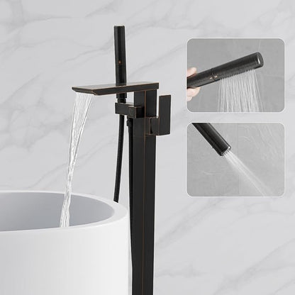 RUMOSE Oil Rubbed Bronze Bathtub Filler Freestanding Tub Filler Floor Mount Tub Faucet Waterfall Bathtub Faucet with CUPC Certified High Flow Brass Bath Shower Faucets with Handheld Sprayer
