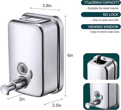 Commercial Soap Dispenser Wall Mount Stainless Steel Manual Liquid Pump Rust-Proof Leak Free for Bathroom (17 fl oz / 500ml)