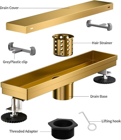 Linear Shower Drain, 304 Stainless Steel with Adjustable Leveling Feet, Hair Strainer,Reversely Install Place to Create an Invisible Floor Drain - Gold -48-Inch
