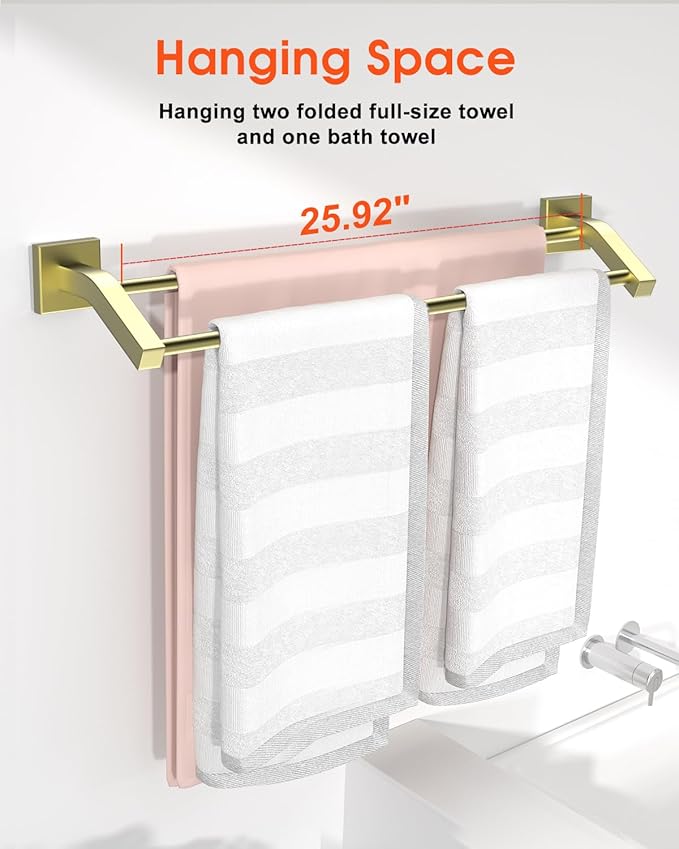 Alise Double Bath Towel Bars Towel Racks for Bathroom,Wall Mount Towel Holder Heavy Duty SUS304 Stainless Steel Towel Hanger Towel Rail,Golden Finish,28-Inch