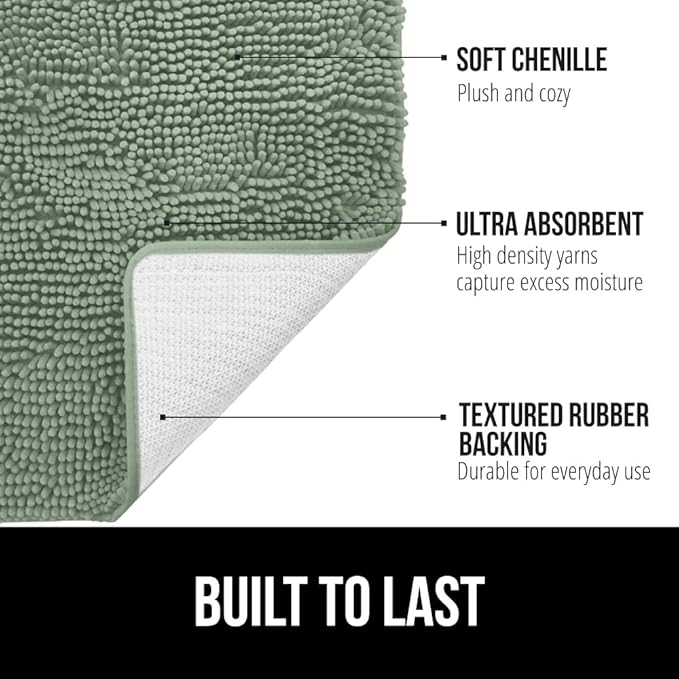 GORILLA GRIP Bath Rug Mat 30x20, Soft Absorbent Chenille, Quick Dry Microfiber Mats, Rubber Backing Washable Shower Floor Rugs, Bathmat Runner, US Designed Bathroom Home Decor Accessories Sage Green
