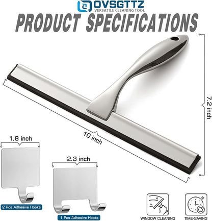 Shower Squeegee for Glass Door with 3 Adhesive Hook, Stainless Steel Glass Cleaning Squeegee for Bathroom & Household Window, Mirrors, Tiles and Car, 10 Inches, Clear, Silver