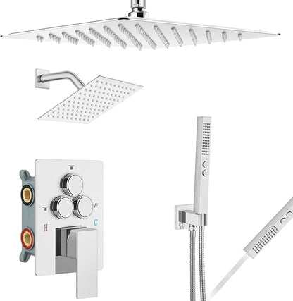 Aolemi Shower Faucet Set Ceiling Mount Shower System Rough-in Valve and Shower Trim Kit 12 and 6 Inch Dual Shower Head 2 in 1 Handheld Spray Push Button Diverter Polish Chrome