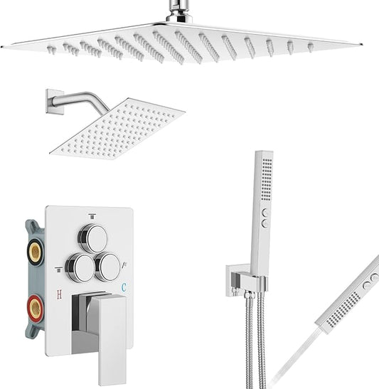 Aolemi Shower Faucet Set Ceiling Mount Shower System Rough-in Valve and Shower Trim Kit 12 and 6 Inch Dual Shower Head 2 in 1 Handheld Spray Push Button Diverter Polish Chrome