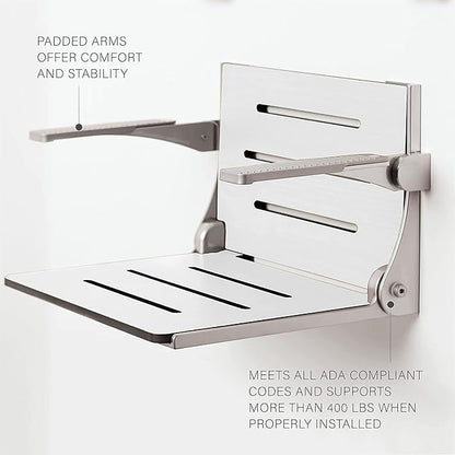 Seachrome Silhouette Comfort Folding Shower Bench Seat with Arms, Grey Seat with Matte Black Frame (SHAFAR-185155-PGS-S-MB-BK)
