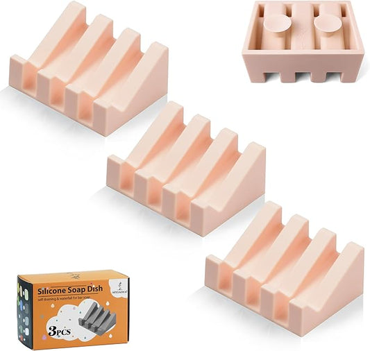 Silicone Soap Dish with Drain, Upgrade Double Suction Cups at The Bottom for Anti-Slip and Stability, Soap Dish Shower Waterfall Bar Soap Holder Tray with Drain Soap Holder (3, Pink)