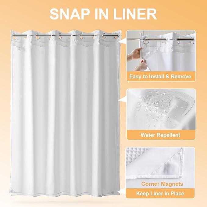 River Dream Extra Long Cotton Blend Shower Curtain with Snap in Liner, No Hook Needed, Hotel Grade Shower Curtains for Bathroom, Water Repellent, White, 71" Wx86 L