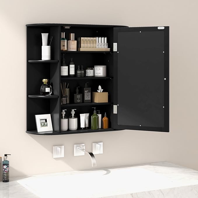 RELAX4LIFE Bathroom Wall Cabinet with Mirror - Medicine Cabinet w/Door, 6 Open Shelves & Adjustable Shelves, Over The Toilet Storage Cabinet Organizer, Mirrored Bathroom Cabinet Wall Mount (Black)
