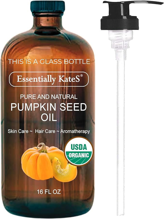 Pumpkin Seed Oil 16 fl oz (Glass Bottle) - USDA Organic Cold Pressed - 100% Pure and Natural - Hexane Free, Phthalate Free - Skin, Hair, Body, Massage Oil