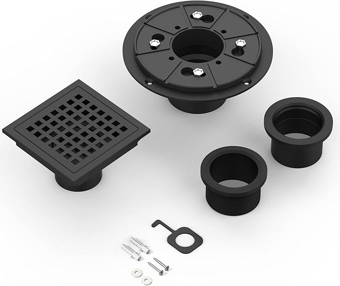 4 Inch Square Shower Floor Drain, Brushed Nickel High Flow Shower Drain Kit with Flange with Hair Filter, Removable Grate Cover, Stainless Steel, Abs Fixing Tray, CUPC Certified (Matte Black)