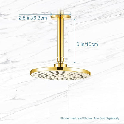 OFFO Shower Arm with Flange, Bright Gold 6 in Ceiling Mount Replacement Rain Shower Head Straight Arm Ceiling-Mounted For Fixed Shower Head & High Pressure Rain