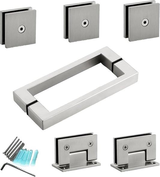 Shower Door Hardware Kit for Frameless Inline Hinged Doors, Includes Hinges, Square Pull Handles and Clamps, for 5/16"–3/8" Glass, Suitable for Bathtub or Standing Shower Setup, Brushed Nickel