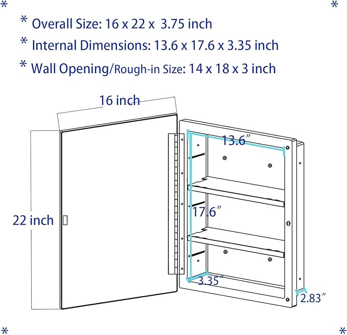 Plastic Bathroom Medicine Mirror Cabinet 16 x 22 inch, Surface and Recessed Mount, Beveled Edge Mirror