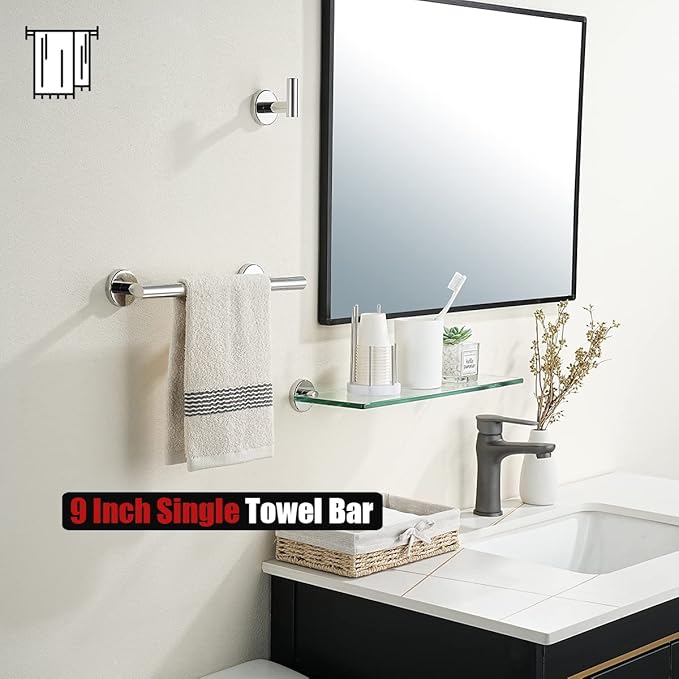 JQK Chrome Towel Bar, 12 Inch 304 Stainless Steel Thicken 0.8mm Towel Rack Bathroom, Towel Holder Polished Finished Wall Mount, Useable Length 9 Inch, TB110L9-CH