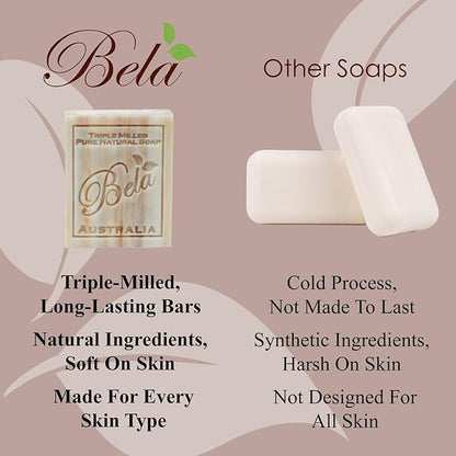 BELA Almond Soap 3.3 oz Pack of 6, French Triple Milled with Organic Shea Butter, Hand Face and Body Wash Bar Made in Australia