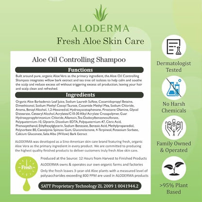 Aloderma Oil Controlling Shampoo Made with Freshly Harvest, Organic Aloe Vera for Oily Hair & Scalp - Infused with Tea Tree Oil and Willow Bark Extract to Gently Cleanse Build Up Without Drying - 16oz