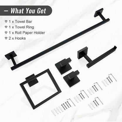 YACVCL Black Towel Bar Set 5-Piece Bathroom Hardware Accessories Set,SUS304 Stainless Steel Towel Rack Set,23.6 Inch Towel Bar,Toilet Paper Holder,Towel Ring and Towel Hooks,Wall Mounted