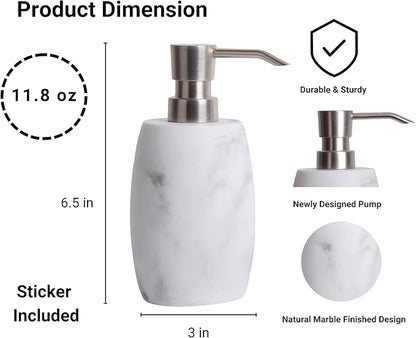Resin Hand Soap Dispenser, Refillable Soap Dispenser with White Marble Look and Metallic Pump, Waterproof Bottle Labels for Bathroom Kitchen Dish Hand Wash Shower Lotion Shampoo (12 Oz)