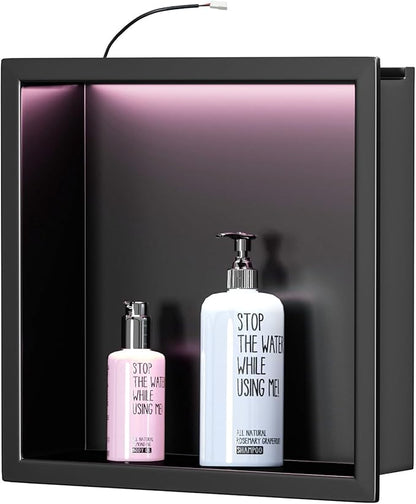 RGB LED Light Shower Niche, Matte Black 12X12 in Stainless Steel Recessed Storage with Remote Control, Waterproof No Tile Needed Wall Niche for Bathroom Storage Built-in Installation