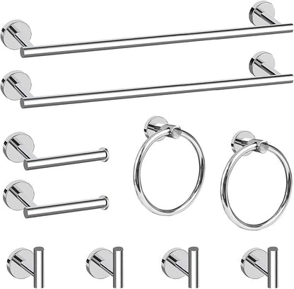 Cilee 10 Piece Chrome Bathroom Accessories Set, 24inch Polished Chrome Towel Bar Ring+Toilet Paper Holder+ Robe Towel Hook SUS304 Stainless Steel Bathroon Hardware Set
