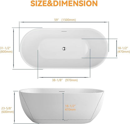 59" Acrylic Freestanding Bathtub, Free Standing Tub, Stand Alone Tub with Overflow and Drain, cUPC Certified, Gloss White