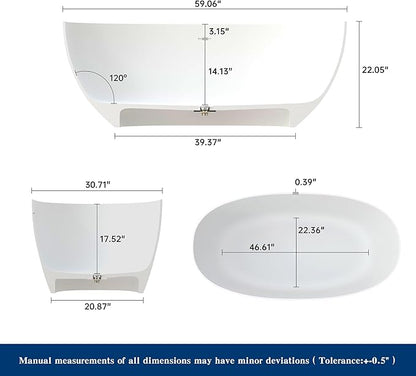 59" Premium Solid Surface Freestanding Bathtubs, Upgraded Matte White Modern Design Stand Alone Stone Resin Tub with Overflow and Pop-up Drain