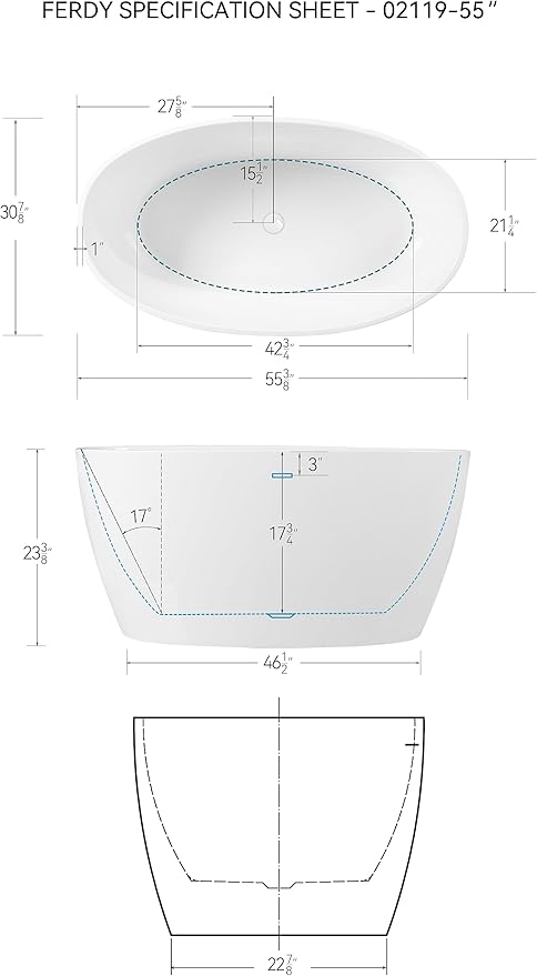 FerdY Tahiti 55" Acrylic Freestanding Bathtub, Elegant Oval Shape Soaking Bathtub, Glossy White, White Drain & Integrated Slotted Overflow Assembly Included cUPC Certified