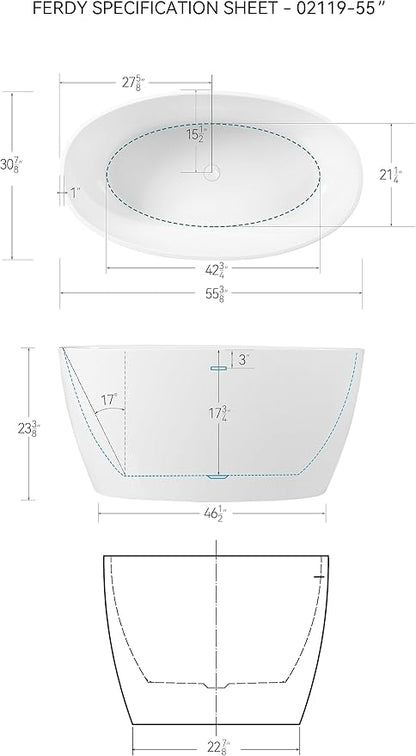 FerdY Tahiti 55" Acrylic Freestanding Bathtub, Elegant Oval Shape Soaking Bathtub, Glossy White, White Drain & Integrated Slotted Overflow Assembly Included cUPC Certified