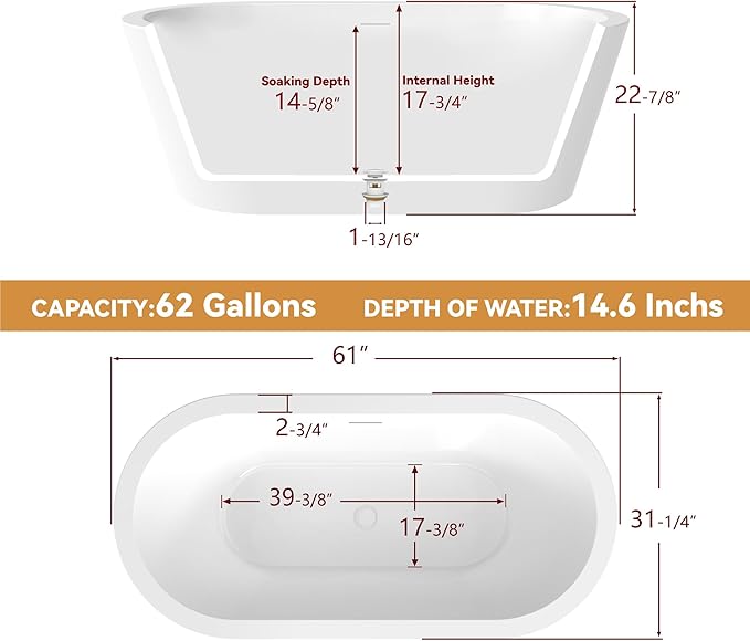 61 in. x 31 in.Classic Oval Acrylic Free Standing Tub, Heavy Duty Deep Soaking Tub, Bathroom Stand Alone Tub, Freestanding Bathtub SY1255 (Glossy White)