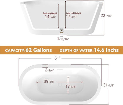 61 in. x 31 in.Classic Oval Acrylic Free Standing Tub, Heavy Duty Deep Soaking Tub, Bathroom Stand Alone Tub, Freestanding Bathtub SY1255 (Glossy White)