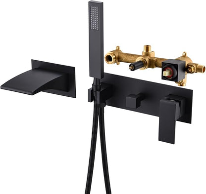 sumerain Bathtub Wall Faucet Matte Black with Waterfall Spout and Hand Shower, High Flow