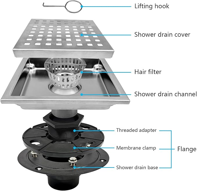 4 Inch Square Shower Drain with Flange, Removeable Grate SUS 304 Stainless Steel Shower Drain with Hair Catcher (Brushed Nickel, 4 Inch)