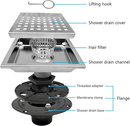 6 Inch Square Shower Drain with Flange, Removeable Grate SUS 304 Stainless Steel Shower Drain with Hair Catcher (Brushed Nickel, 6 Inch)