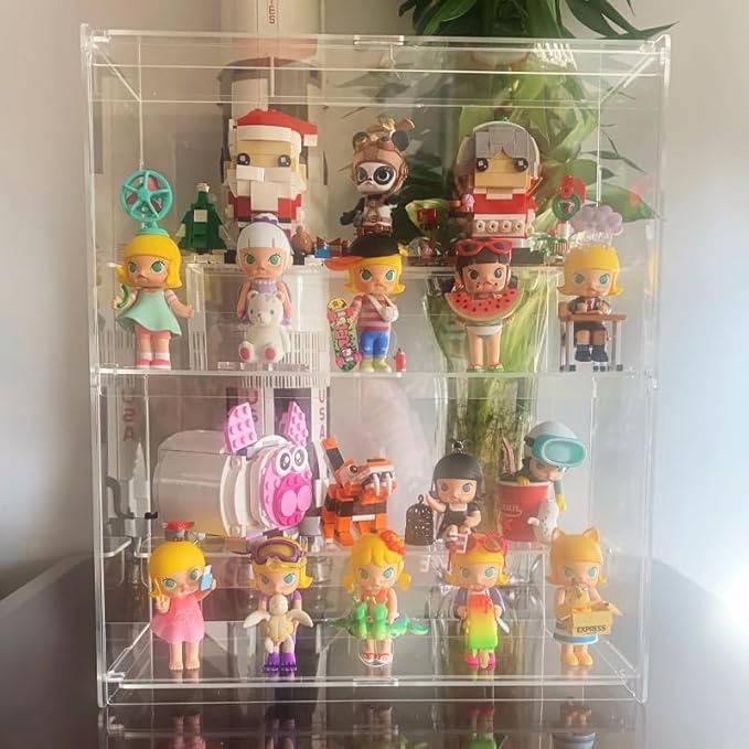 Choowin 2 Layer Clear Acrylic Display Case for Collectibles, Mini Figures, Pop Mart, Labubu, Sonny Angel, Smiski - Assemble Dustproof Acrylic Display Box with Door, Stand (12x4.9x14.4 inch)