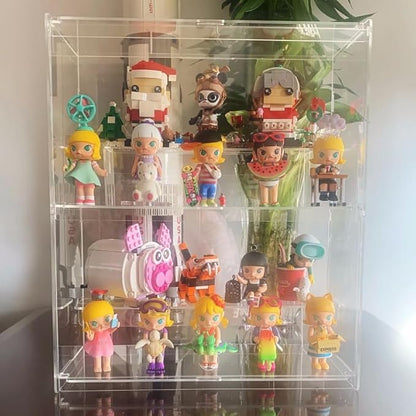 Choowin 2 Layer Clear Acrylic Display Case for Collectibles, Mini Figures, Pop Mart, Labubu, Sonny Angel, Smiski - Assemble Dustproof Acrylic Display Box with Door, Stand (12x4.9x14.4 inch)