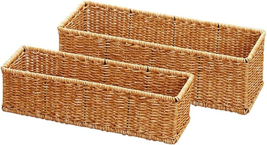 Small Plastic Rattan Baskets for organizing (Set of 2) | Bathroom Basket | Wicker Storage Basket | Toilet Paper Basket | Shelf Baskets | Rustic Style |Water-Resistant and Durable