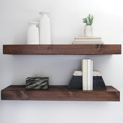 Urbandi Modern Floating Shelves 3 Inches Thick for Wall, Wide Shelves for Kitchen, Living Room, Bedroom, and Bathroom, Natural Pine Wood, Rustic Wooden Shelf, (Set of 2) (Provincial, 36Lx3Hx6D)