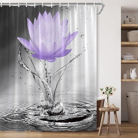 Lotus Shower Curtain Black White Grey Violet Flower Elegant Blooming Floral with Dew Spring Flower Reflection on Water Modern Romantic Polyester Fabric Bathroom Decor 70×70 Inch with Hook