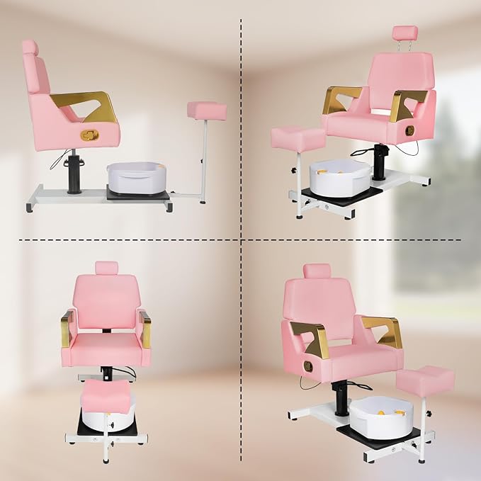 Reclining Pedicure Chair with Stool, Pedicure Station with Foot Massage Basin 360° Swivel Pedicure Chair Hydraulic Adjustable Height for Foot Spa Unit Station Pink