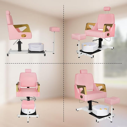 Reclining Pedicure Chair with Stool, Pedicure Station with Foot Massage Basin 360° Swivel Pedicure Chair Hydraulic Adjustable Height for Foot Spa Unit Station Pink