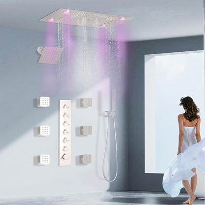 24x32 LED Dual Head Shower System 24"x32" Ceiling Mount Shower Head Thermostatic Shower System Rainfall Shower Set with 6 Inches Shower Head and 6 Body Jets High Pressure Shower Handheld