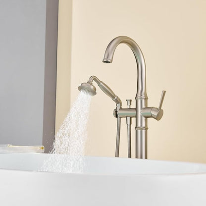 Freestanding Tub Faucet Floor Mount Tub Filler Brushed Nickel Free Standing Bathtub Faucet Brass Bath Faucet with Hand Shower